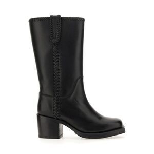 HEREU Women's Leather Block Heel Western Boots Women BLACK